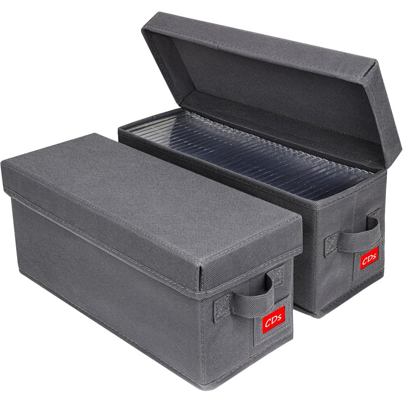 Boîte de rangement pour CD - Organisateur de CD avec couvercle (lot de 2) - Gris - Solution de rangement idéale pour les boîtiers de CD - Support pour CD - Peut contenir jusqu'à 70 boîtiers.