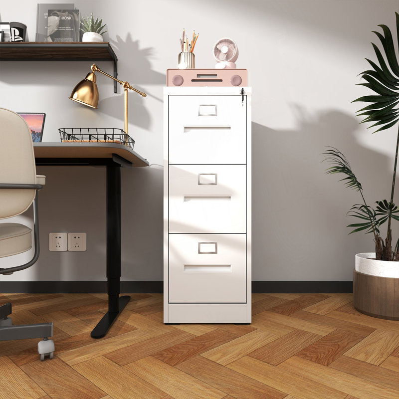 3 Drawer File Cabinet With Lock, Metal Vertical File Cabinet, A4 Legal/Letter Size Narrow File Cabinet Locked, White