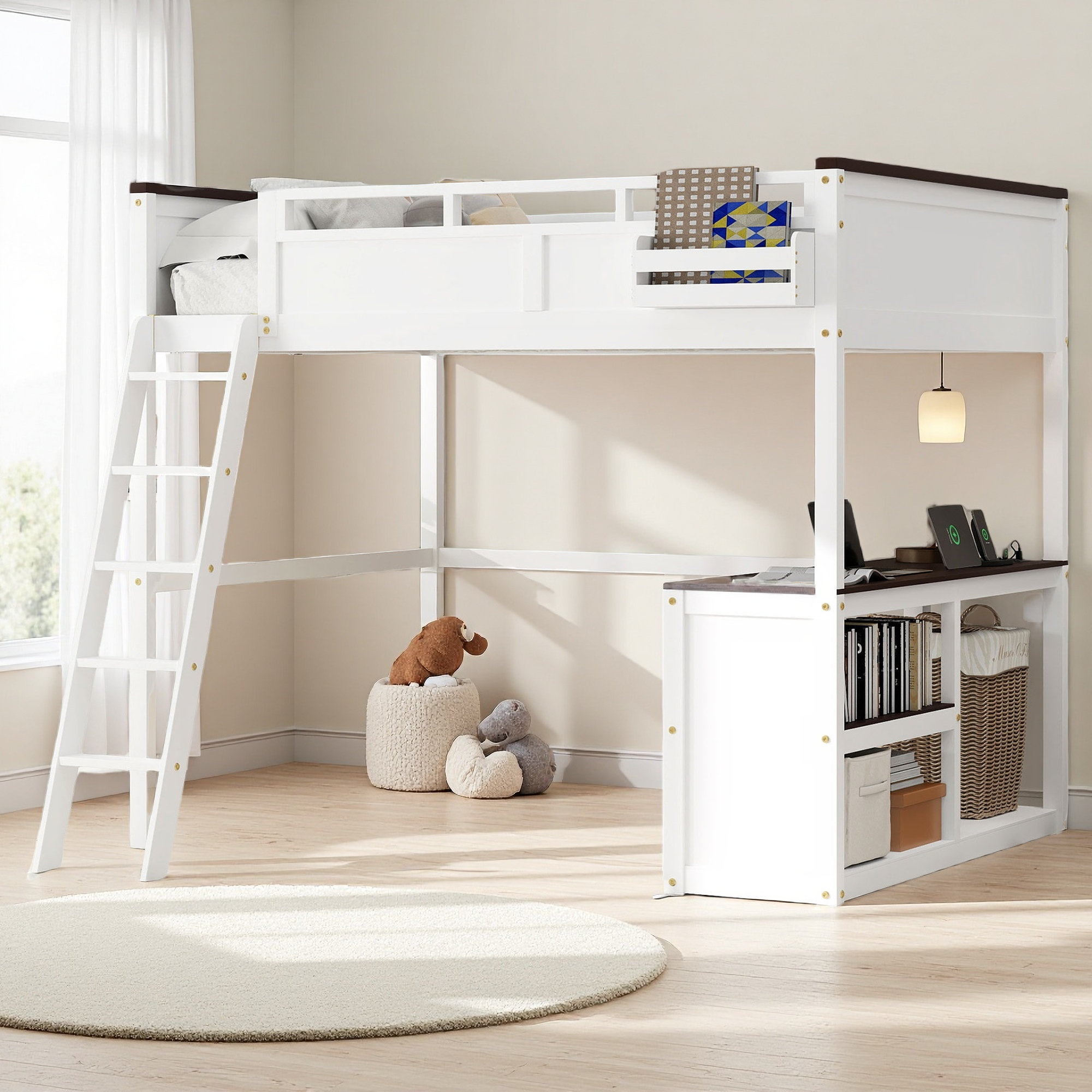 Lily White Queen Loft Bed with Desk, image size:2000x2000
