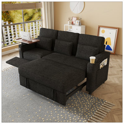 Canapé-lit 3 personnes pliable 3-en-1 avec table, ports USB et accoudoirs de rangement, tissu chenille de haute qualité