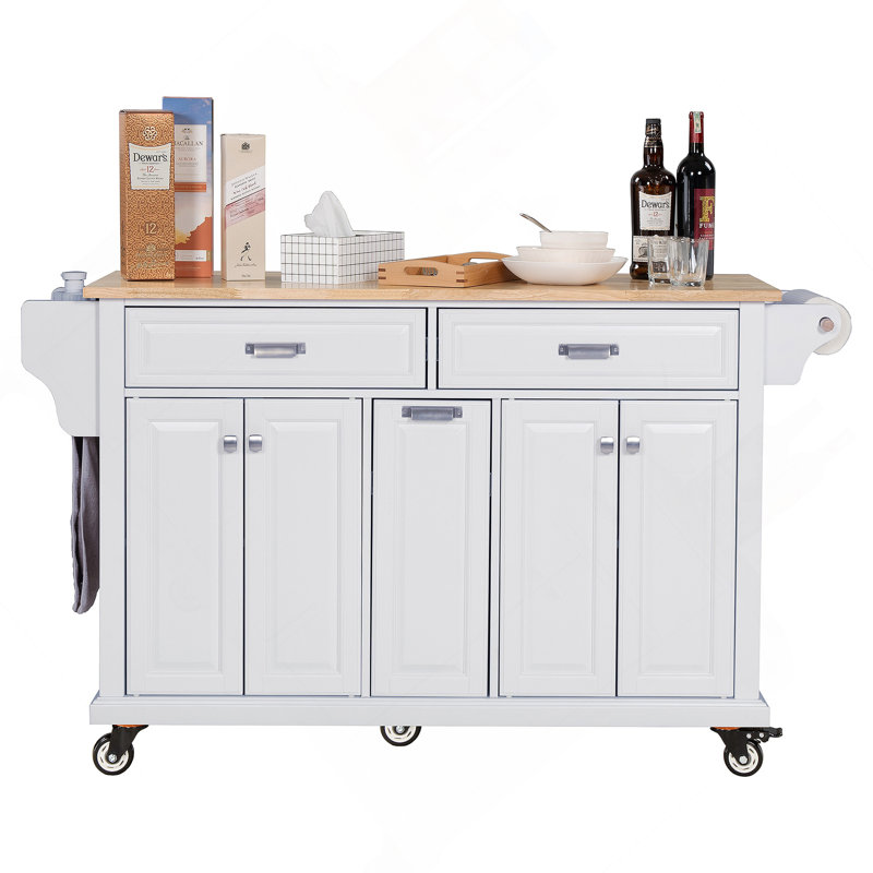 Kitchen Island With Rubber Wood Countertop, Kitchen Cart On 5 Wheels With Storage Cabinet, White