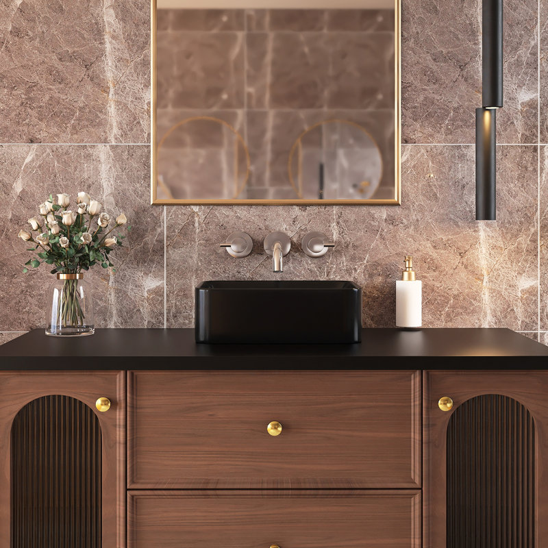 Marble Pattern Ceramic Rectangular Vessel Bathroom Sink, Matte Black
