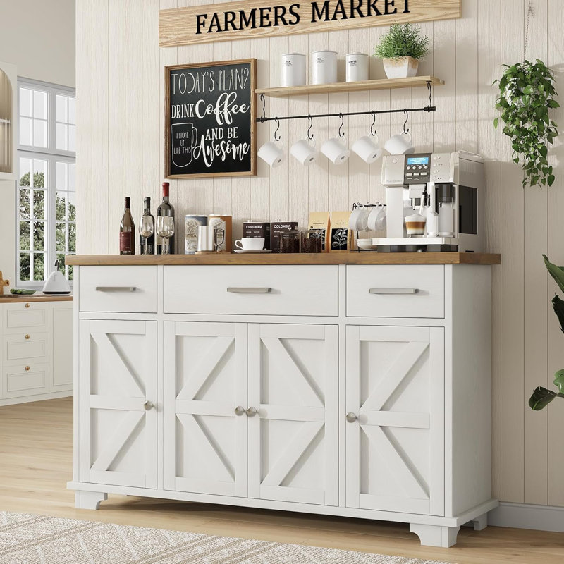 Farmhouse Buffet Cabinet with Storage, 55 Inch Coffee Bar Cabinet with 3 Drawers and 4 Barn Doors, Sideboard Coffee Bar for Kitchen, Living Dining Room