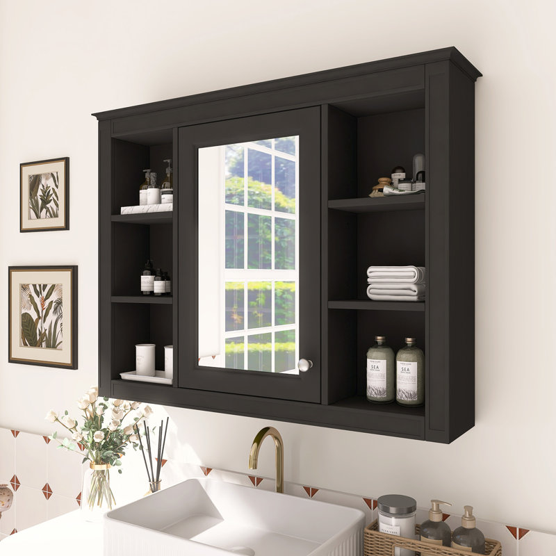 Wall Mounted Bathroom Medicine Cabinet With Mirror & Open Shelves, Black