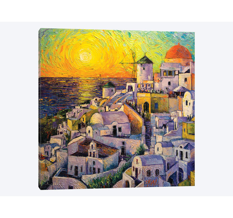 « coucher de soleil dans santorini », reproduction sur toile, H 12 po x l 12 po x P 1,5 po, Toile tendue, Pas de tapis