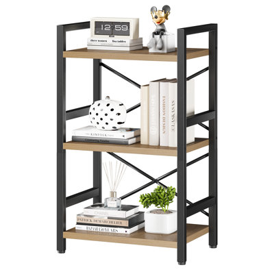 3 Tier Bookshelf, 3 Tier Industrial Bookcase, Metal Small Bookcase, Rustic Etagere Book Shelf Storage Organizer for Living Room, Bedroom, and Home Office(Light Coffee)