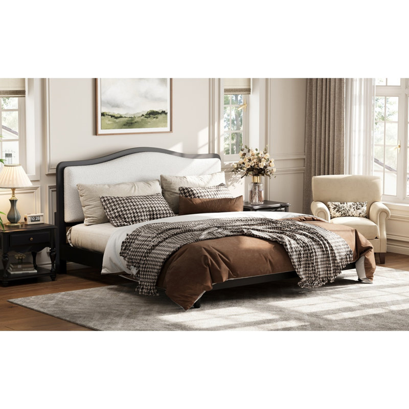 Grand lit plateforme avec tête de lit tapissier, structure noire et tissu blanc, Grand lit, Black