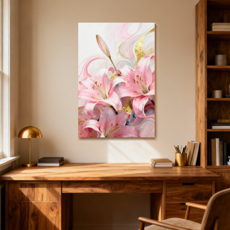 Plantes et fleurs lys roses avec accents dorés et tourbillons, H 48 po x l 32 po
