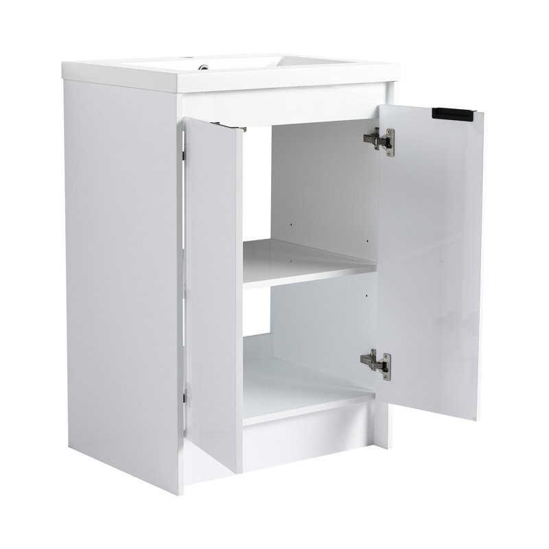 Meuble-lavabo autoportant de 48 po avec lavabo en résine, 2 rangements, deux armoires murales, système de fermeture en douceur, contreplaqué blanc brillant pour une mise à niveau de conception efficace