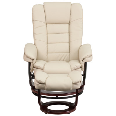Contemporary Leather Recliner with Horizontal Stitching and Ottoman with Swiveling Mahogany Wood Base