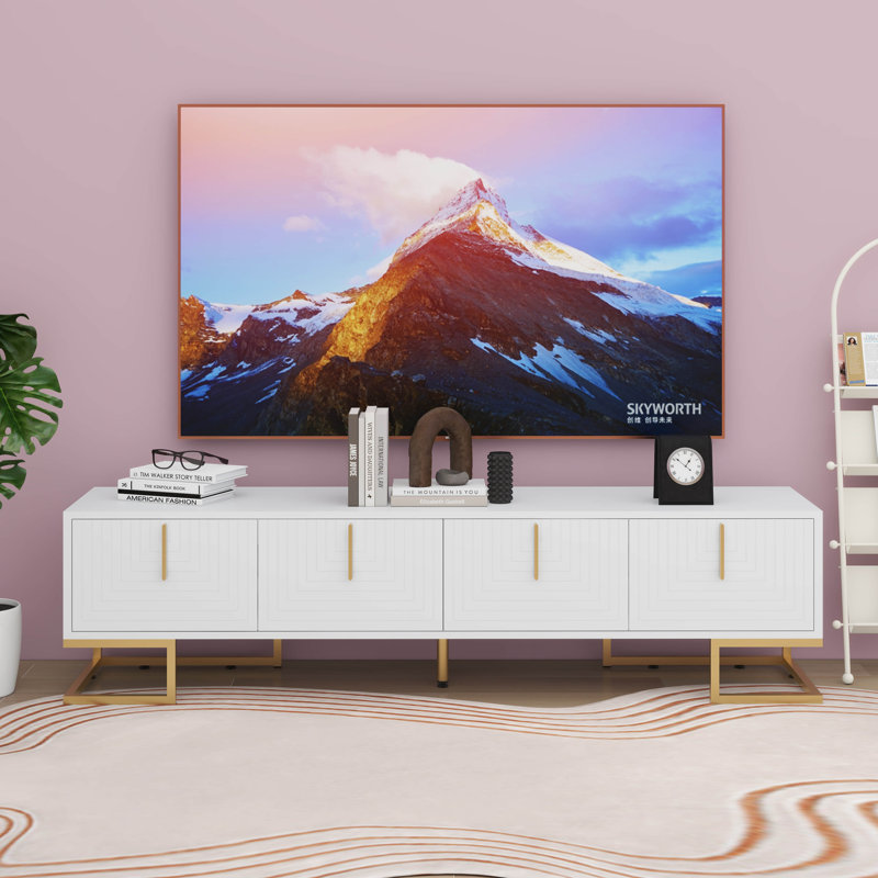 Modern Media Console TV Stand With Gold Accents And Geometric Pattern Design, White