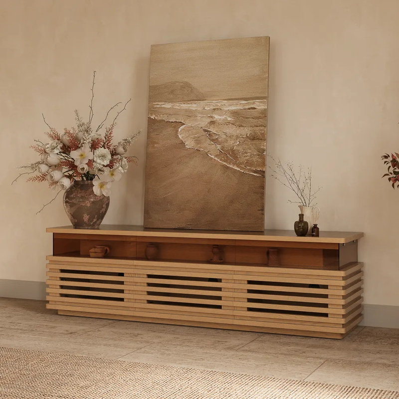 Console multimédia à lattes Selene avec éclairage DEL, aucun assemblage requis, Chêne, H 20,47 po x L 70,87 po x l 17,72 po