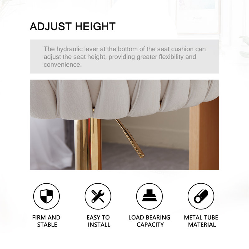 Luxury Velvet Bar Stools with Gold Metal Base, Adjustable Height Swivel Bar Chairs with Armrests for Kitchen Island, Bar, Modern Home Decor（Beige）（Set of 2）