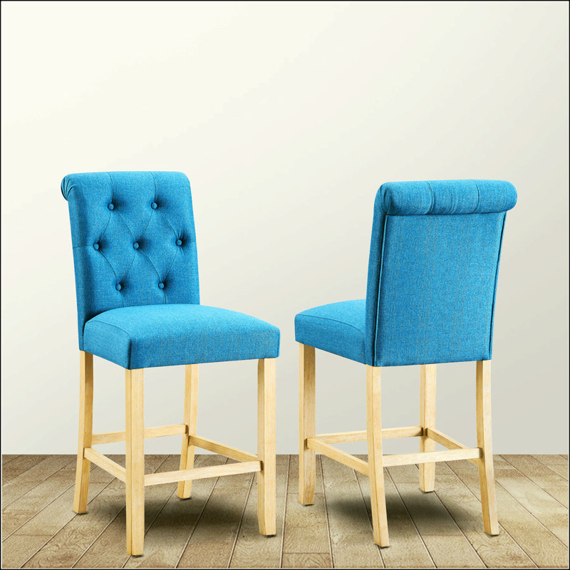 Tabourets en bois massif à boutons capitonnés, Bleu