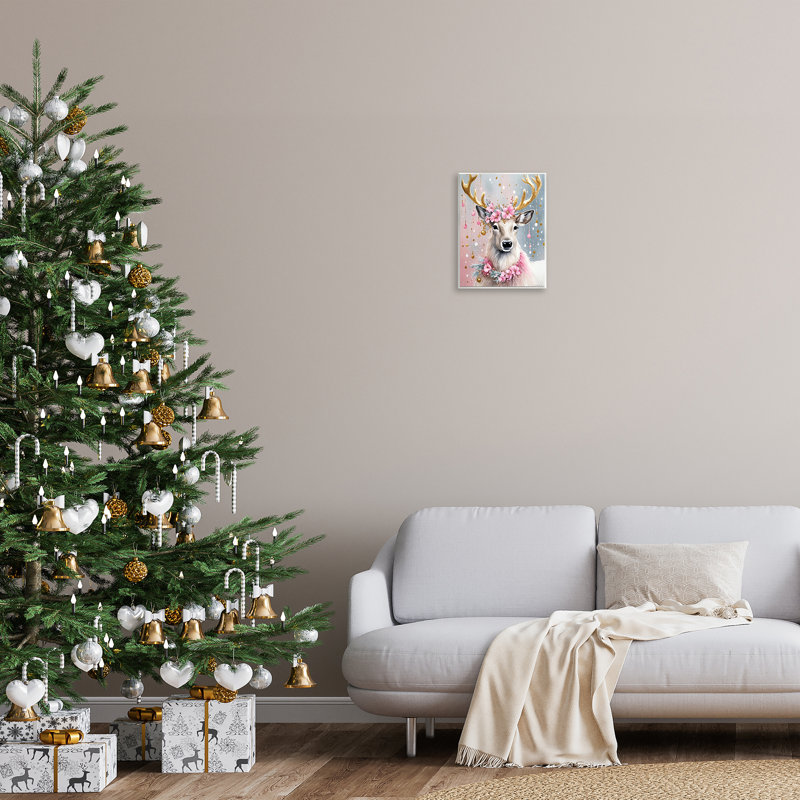 «Pink Floral Festive Reindeer», art mural sur toile par Tabz Jones