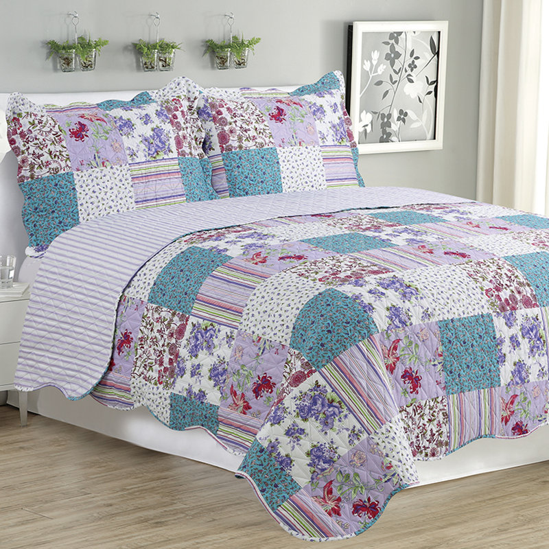 Kim Modern & Contemporary Patchwork Quilt, King Quilt + 2 King Shams, Lavender/Blue