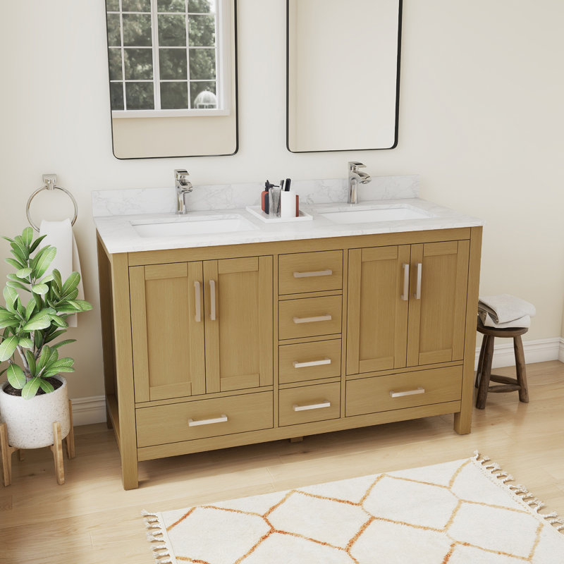 Meuble-lavabo double 55 po avec plateau en granite blanc Riverford, 54"