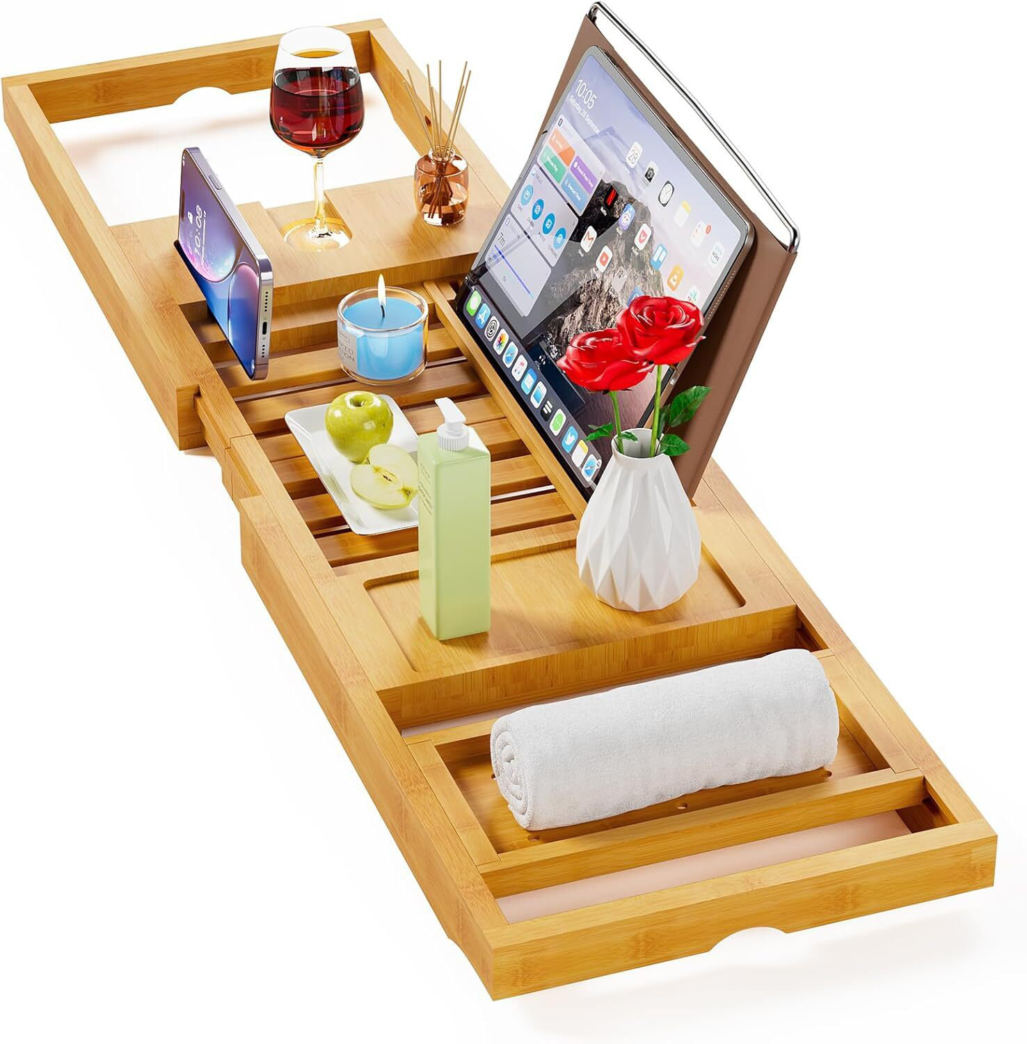 Rebrilliant Bamboo Expandable Bath Tray with Adjustable Arms and Book ...