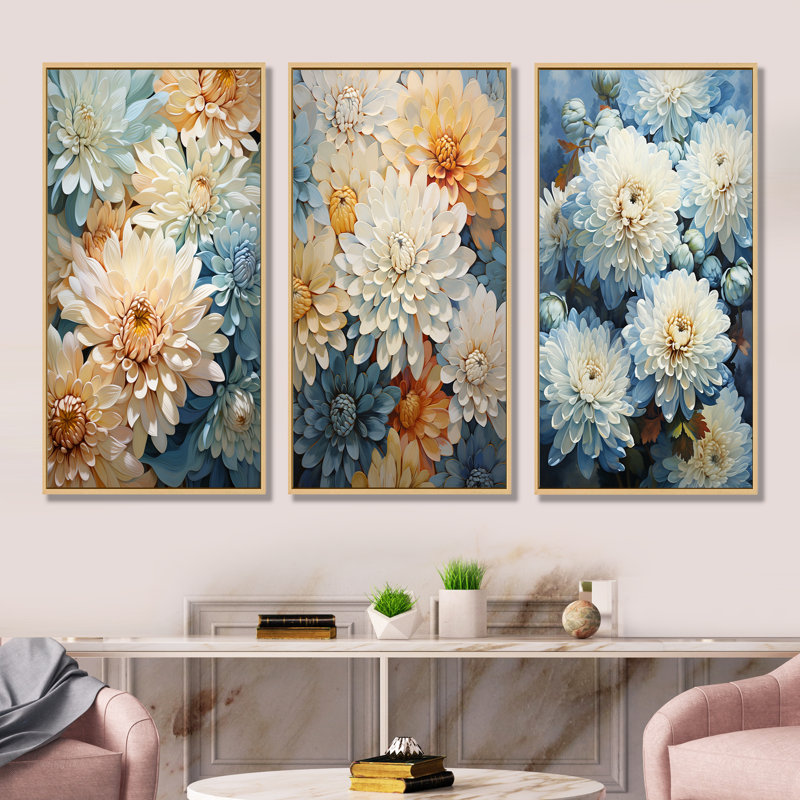 Ensemble de 3 décorations murales bleues et blanches «Mums Flowers Elegance», Cadre flottant brun, H 32 po x l 48 po