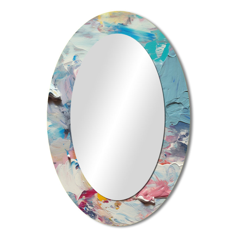 «Summer Memories» abstrait en blanc et bleu I - grand miroir mural ovale sur métal, 36 po x 24 po