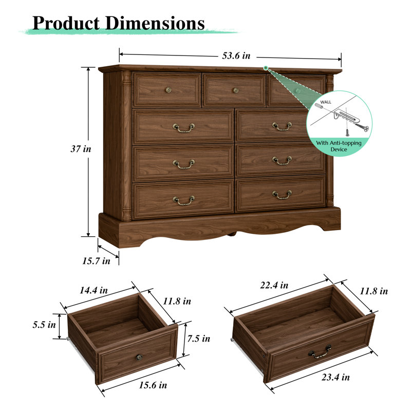 9 Drawers Dresser, 54" Wide Farmhouse Chest of Drawers with Charging Station, Distressed Finish Design, Brown
