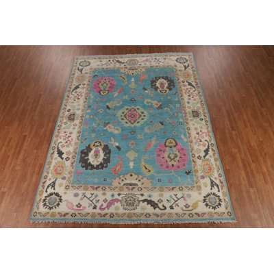 Tapis oriental bleu clair à motif floral Oushak 9 x 12