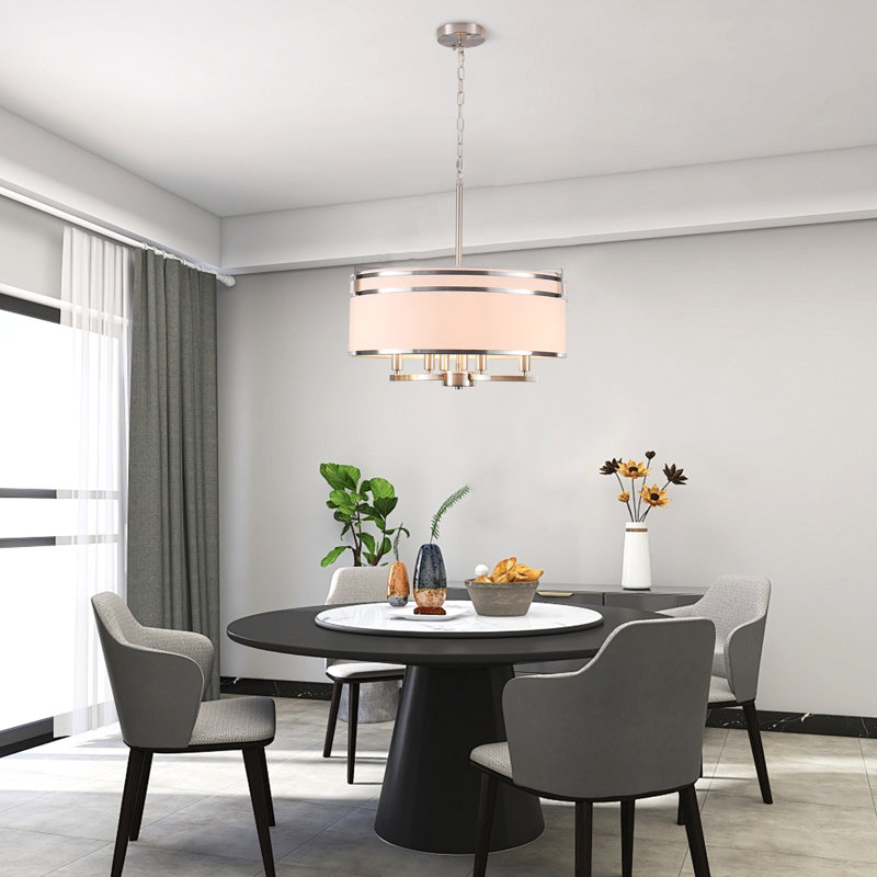 6- Light Dimmable Modern Farmhouse Drum Chandelier with Round Linen Shade, Nickel