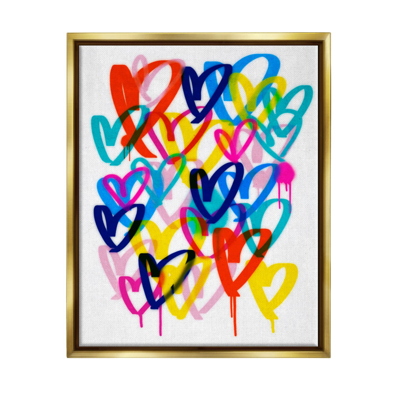" Modern Graffiti Hearts ", 21" H x 17" W x 1.7" D, Metallic Gold Floater Frame