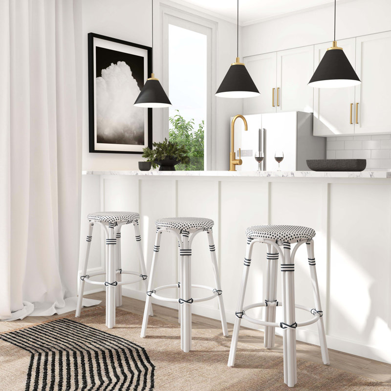 Tobias Rattan Bar Stool & Counter Stool, Bar Stool (30" Seat Height), White/Black Dot/White Rattan Frame