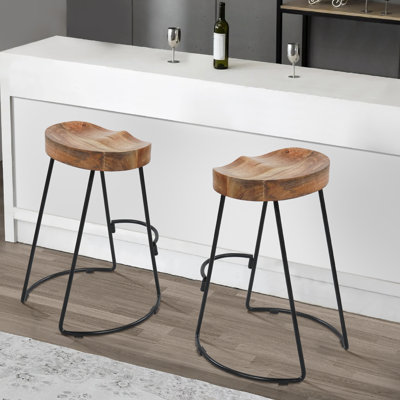 Semeko 24" Inch Handcrafted Backless Barstool, Natural Brown Mango Wood Thick Saddle Seat, Black Iron Base