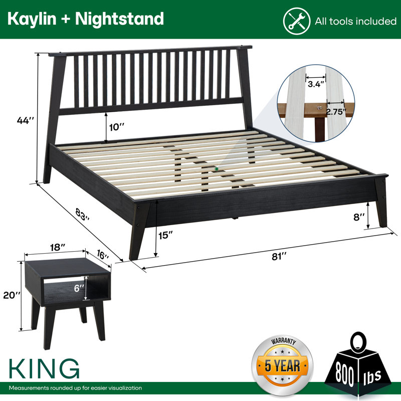Base de lit plateforme en bois massif Kaylin et table de chevet assortie, style scandinave rustique, capacité de 800 lb, sans sommier, facile à assembler