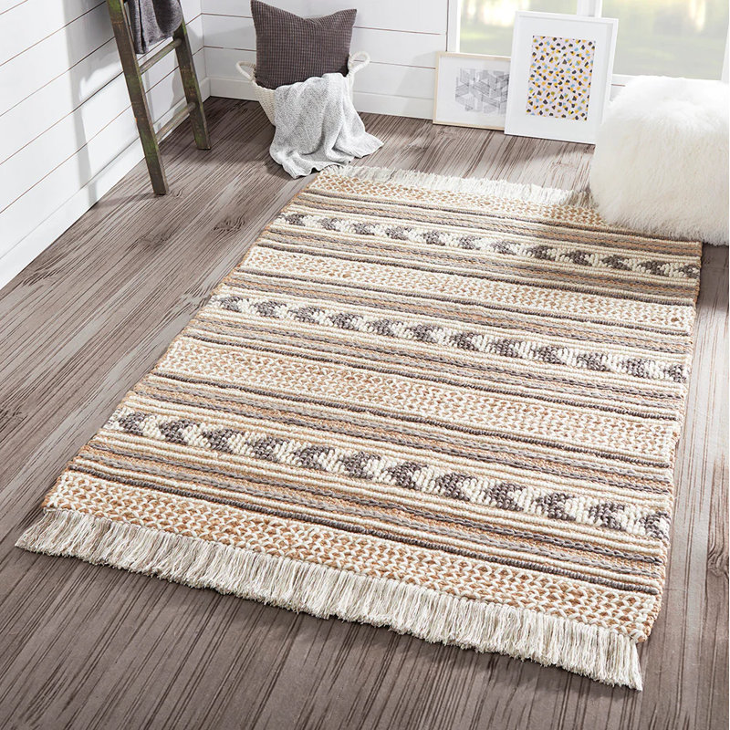 Tapis beige / gris tissé à plat à la main Alberta Southwestern, Rectangle 6 pi x 9 pi