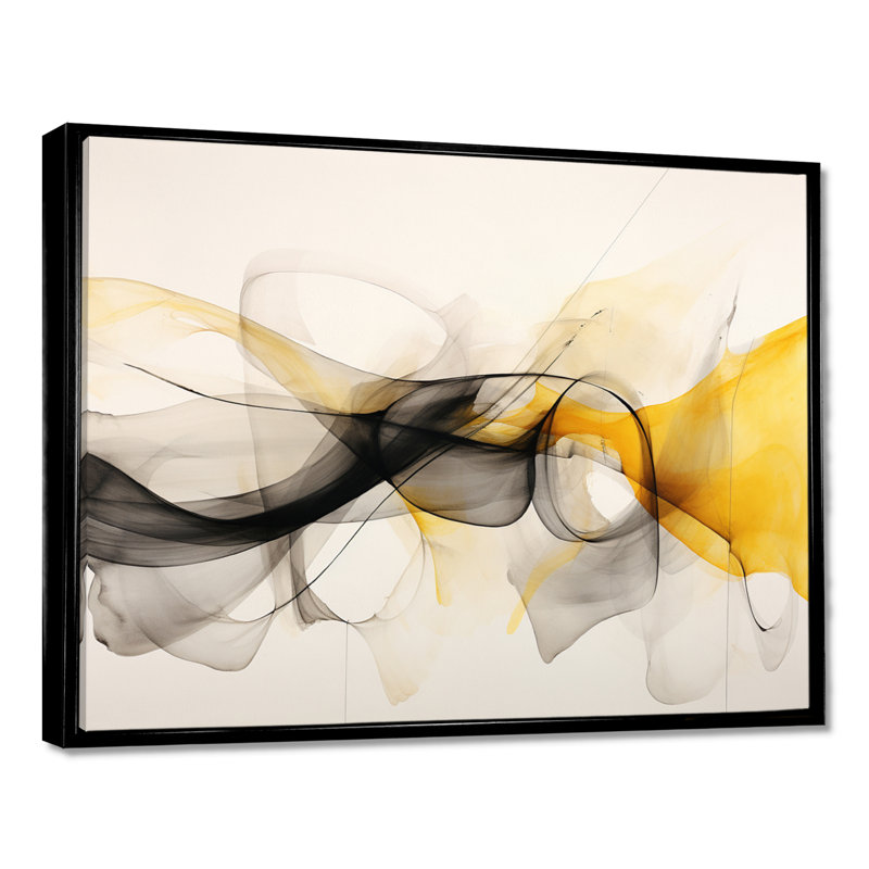 Mariage de noir et jaune - art mural abstrait à l'encre liquide, Cadre flottant noir, H 34 po x l 44 po