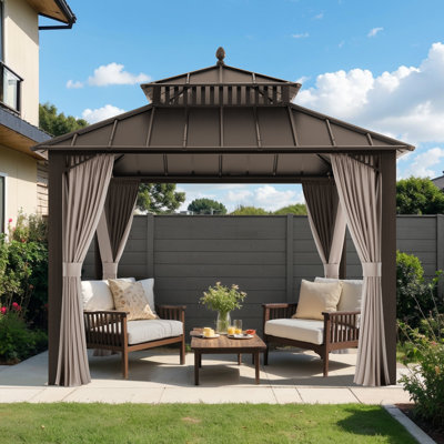 Pavillon de jardin 10 x 10 po avec toit en métal, rideau et filet SUNJoy Kingston - Poteaux en aluminium brun