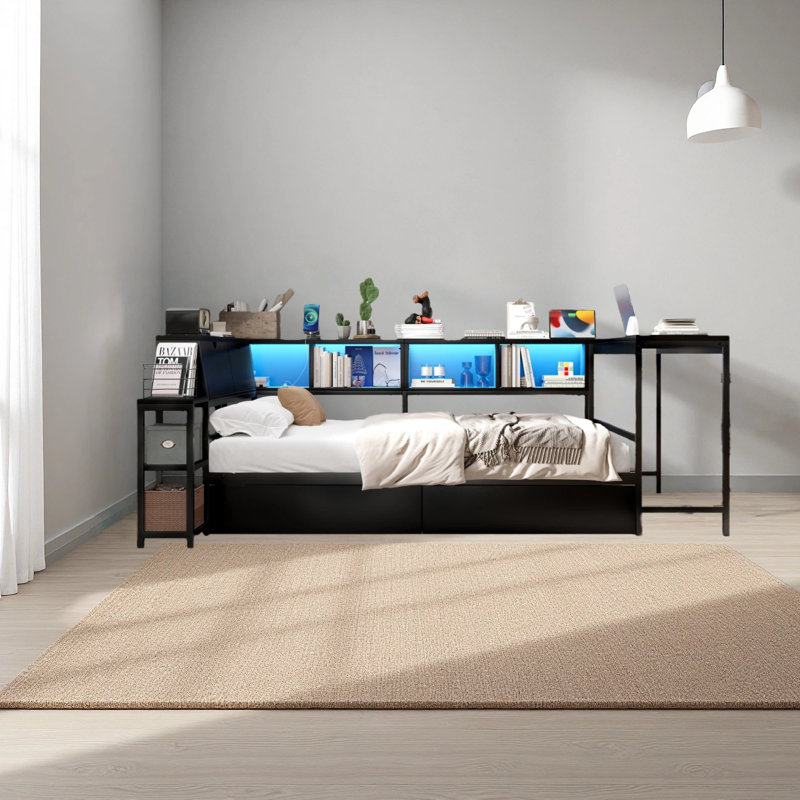 Cadre de lit d'angle avec bibliothèque et 2 tiroirs de rangement sous le lit, lit simple moderne avec lumière DEL et station de charge,