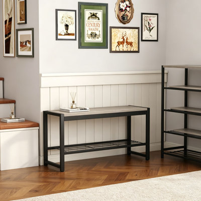 2-Tier Retro Industrial Shoe Bench With Mesh Shelf And Sturdy Metal Frame, Shoe Storage Bench For Entryway, Hallway, Mudroom, Living Room, 35.4 Inches, Washed Gray