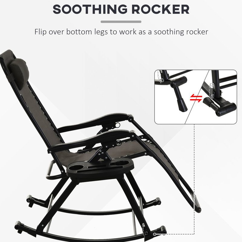 Chaise longue d'extérieur inclinable - Chaise berçante pliable avec base stable et coussin et tasse à finition grise