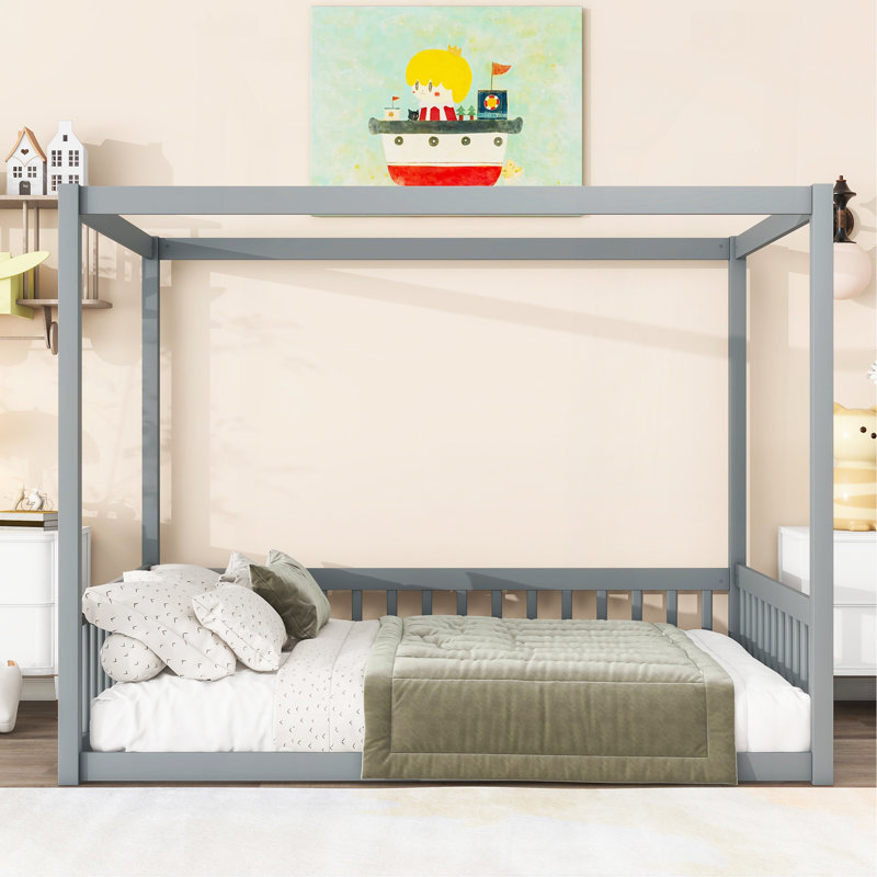 Lit double en bois d'hévéa avec clôture, garde-corps, gris, Gris