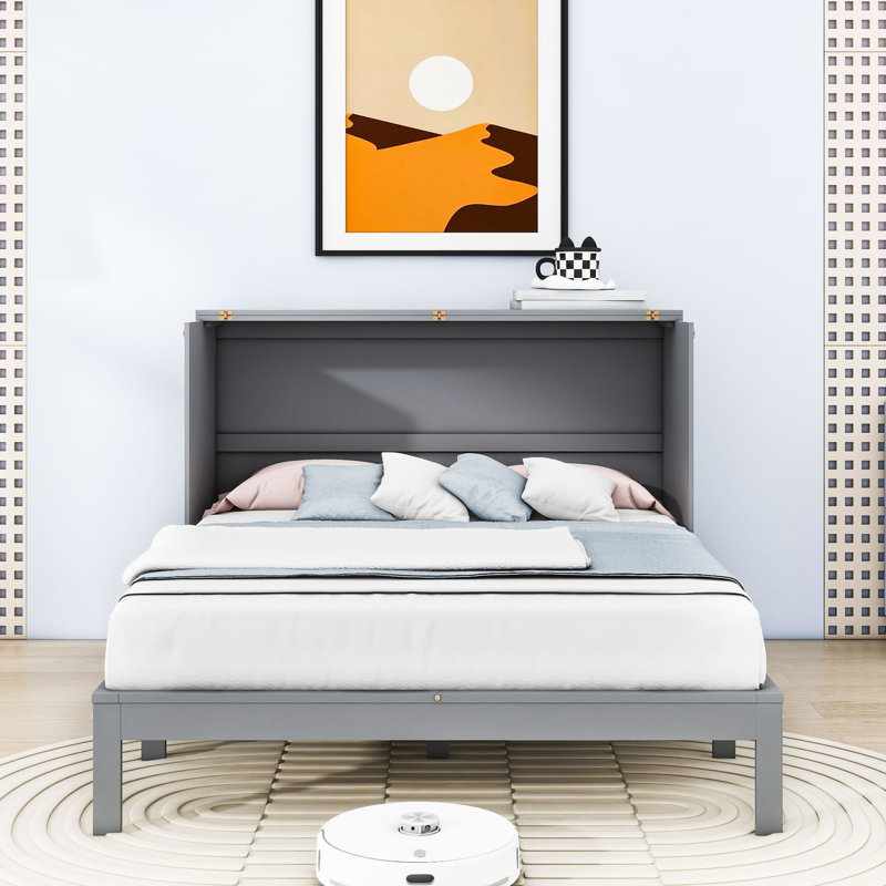 Carlysia Wooden Murphy Bed with Storage Drawers and Built-In Charging Station, Gray, Full / Double