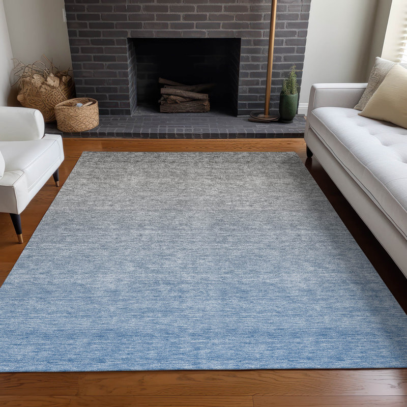 Gray and Blue Ombre Washable Synthetic Rectangular Rug
