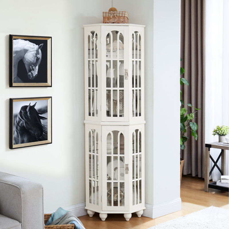 Armoire de coin avec éclairage et 4 tablettes réglables en verre trempé blanc, Blanc