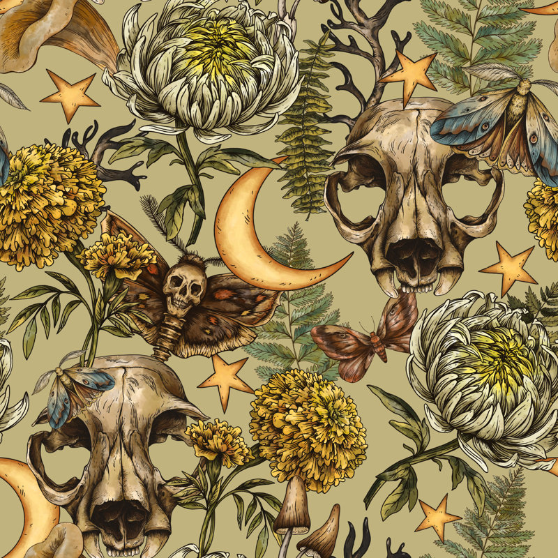 Papier peint floral rétro, crânes sur papier peint sauge, adhésif et botanique céleste, Sage Green/Yellow