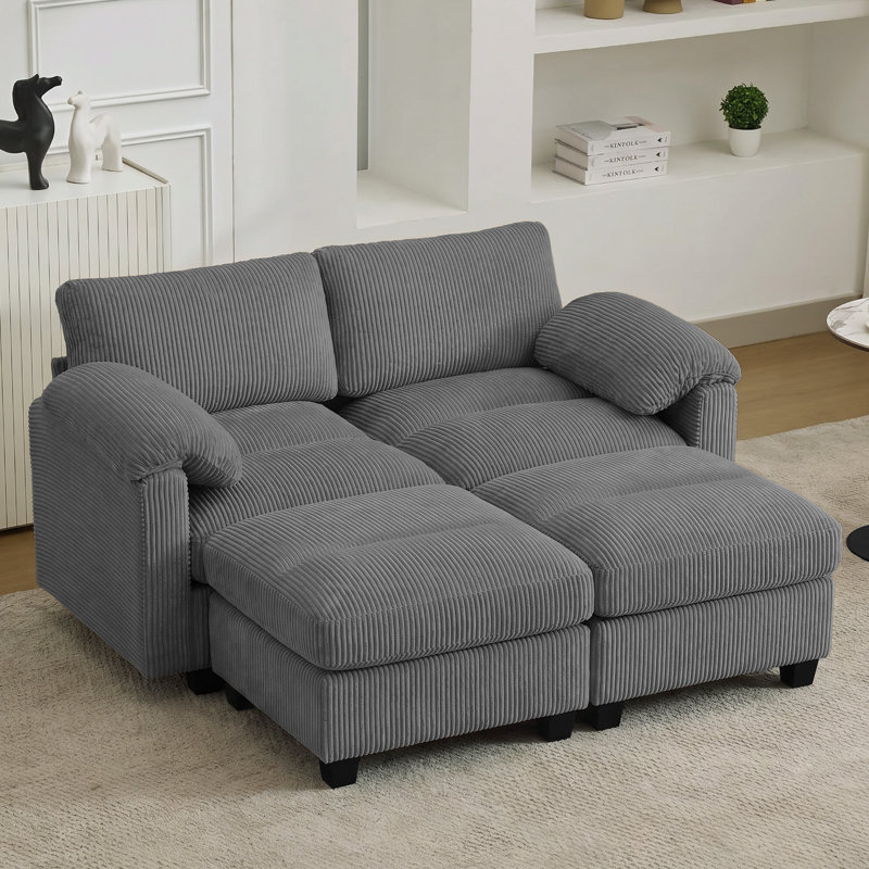 Causeuse modulaire de 61 po avec 2 repose-pieds, accoudoirs coussinés et coussins en velours côtelé, Grey