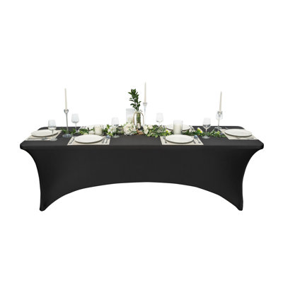 Restaurantware-Table Tek 96 x 30 Inch Rectangle Table Cover, 1 Washable Spandex Tablecloth - Wrinkle-Free, Durable, Black Polyester Fitted Tablecloth, For Parties, Banquets, or Weddings,