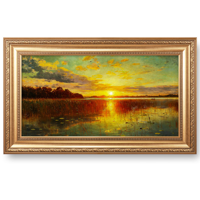 Sunset Over Danish Fjord Gold Framed Canvas Art 36x22