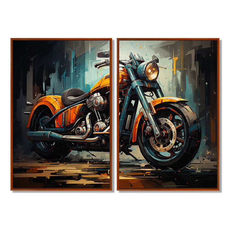 Motocyclette cruiser classique jaune et noir - art mural 2 pièces, 36" H x 48" W, Impression encadrée flottante, Brown