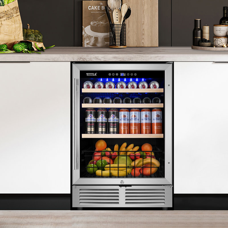 24" 220-Can Built-In/Freestanding Beverage Refrigerator for Beer & Soda Cooler with Glass Door,Blue LED and Reversible Door Drinks Fridge