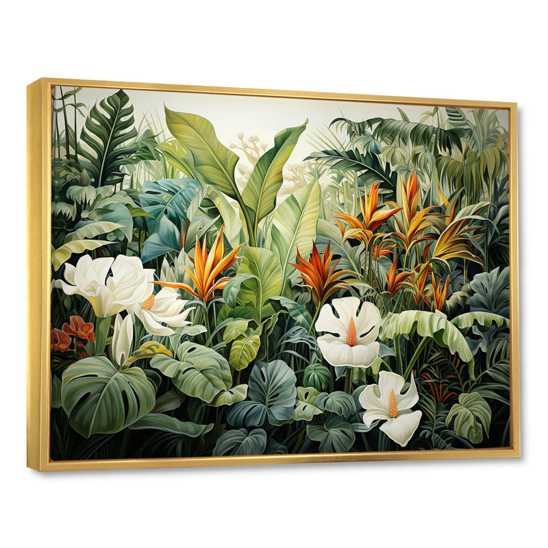 Décoration murale blanche botanique contemporaine Jungle Wonders - Plantes, Cadre flottant doré, H 24 po x l 32 po x P 1 po