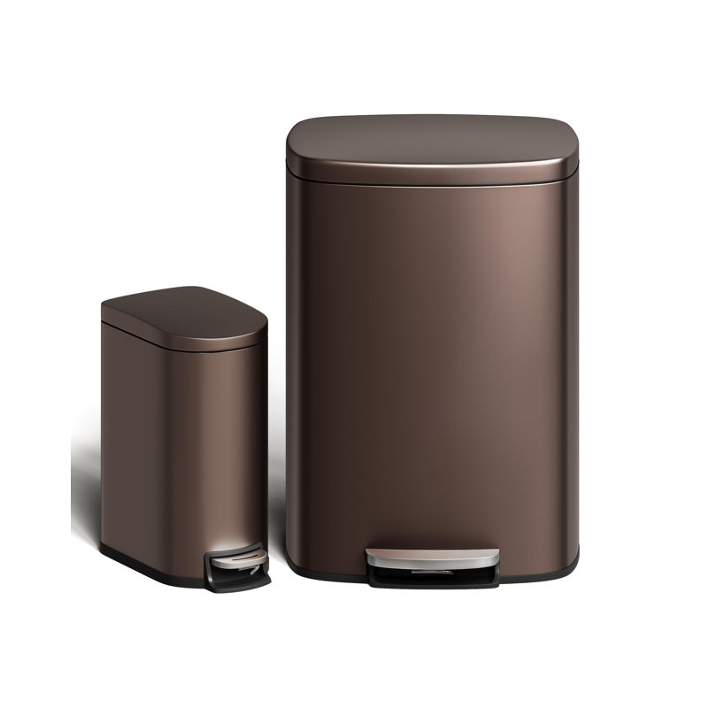  Ensemble de poubelles en acier inoxydable - 13 gallons pour la cuisine et 2,6 gallons pour la salle de bain - Antirouille, contrôle des odeurs, seaux amovibles, conception mince pour la maison ou le bureau, brun