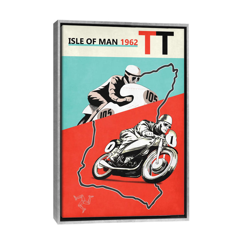 «Isle of Man TT» par Mark Rogan, impression d'art graphique, H 26 po x l 18 po x 1,5 po, Toile avec cadre argenté, Aucun mat